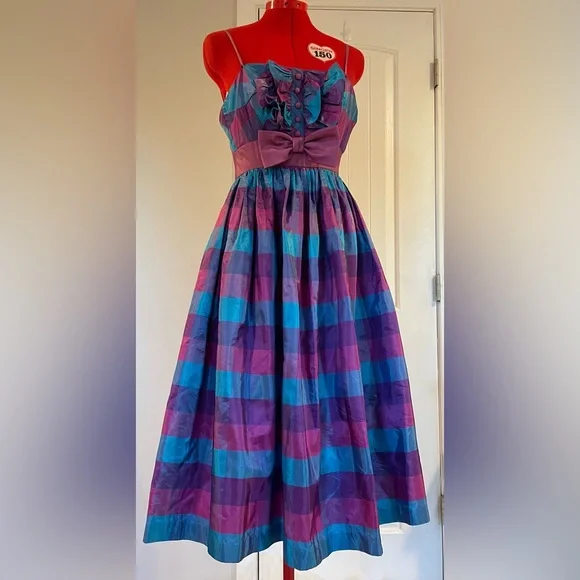 1960s / 1950s VTG Blue Purple Plaid Tuxedo Bodes Fit & Flare Sundress - Picture 4 of 9
